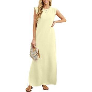 Grecerelle Women Apricot Round Neck Loose Split Wrinkle-Free Long Maxi Dress